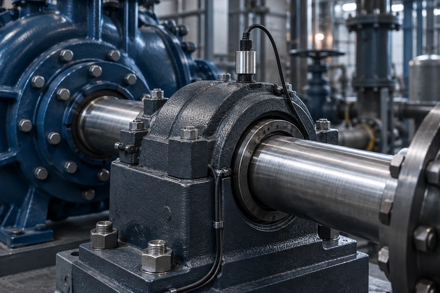 Illustration of a sensor monitoring a pump shaft bearing