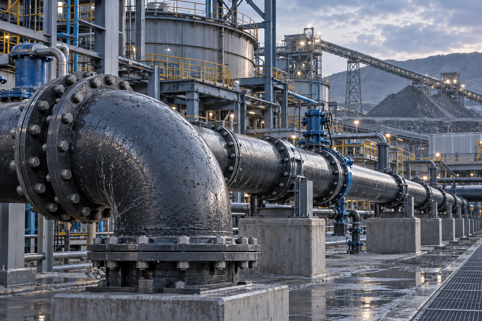 Illustration of mineral-processing slurry pipelines and elbows